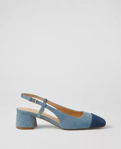 Blue Denim Cap Toe Block Heel Slingback Pumps