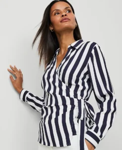 Petite Striped Collared Wrap Blouse - Flattering Night Sky Waist-Defining Top -Ann Taylor Store 837805 518676 ALT2