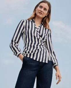 Petite Striped Collared Wrap Blouse - Flattering Night Sky Waist-Defining Top