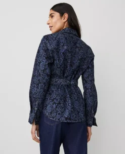 Petite Floral Flared Denim Shirt - Slimming Tie-Waist Blouse 7 Petite Floral Flared Denim Shirt - Slimming Tie-Waist Blouse -Ann Taylor Store 837810 517998 ALT1