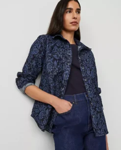 Petite Floral Flared Denim Shirt - Slimming Tie-Waist Blouse 9 Petite Floral Flared Denim Shirt - Slimming Tie-Waist Blouse -Ann Taylor Store 837810 517998 ALT3