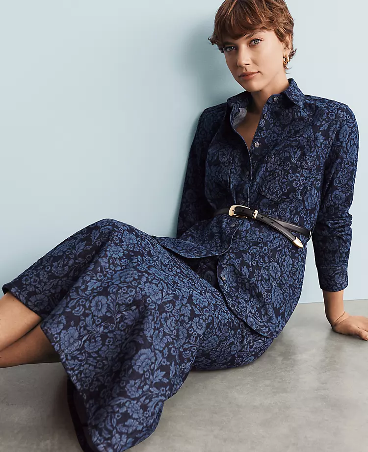 Petite Floral Flared Denim Shirt - Slimming Tie-Waist Blouse 1 Petite Floral Flared Denim Shirt - Slimming Tie-Waist Blouse