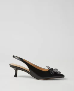 Floral Leather Slingback Kitten Heel Pumps - Elegant Black Dress Shoes