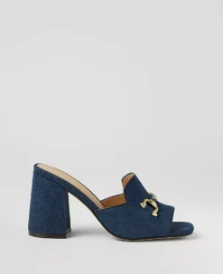 Denim Horsebit Block Heel Sandals - Elegant Dark Blue Comfort Heels