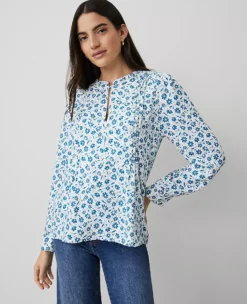 Petite Floral Bib Mixed-Media Long Sleeve Top - Winter White