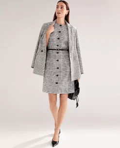 Petite Black Plaid Tailored Shift Dress with Pockets