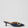 Pointed Toe Denim Kitten Heels with Modern Buckle Detail - Dark Blue