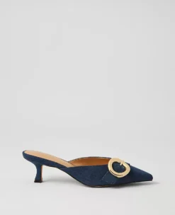 Pointed Toe Denim Kitten Heels with Modern Buckle Detail - Dark Blue