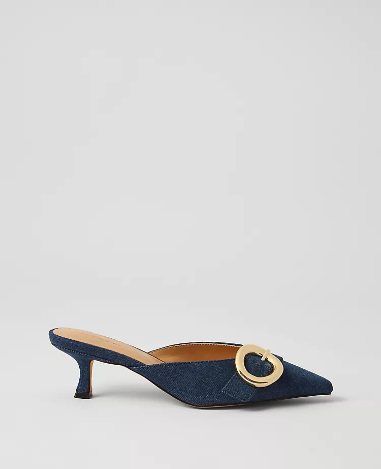 Pointed Toe Denim Kitten Heels with Modern Buckle Detail - Dark Blue 1 Pointed Toe Denim Kitten Heels with Modern Buckle Detail - Dark Blue