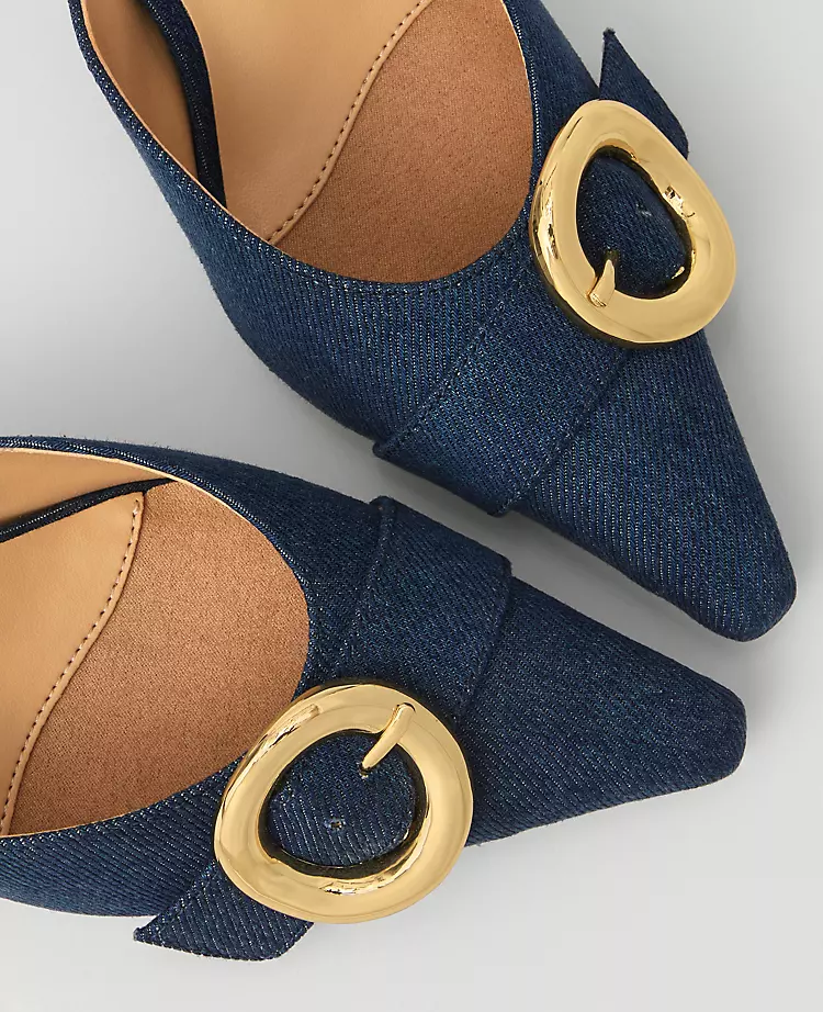 Pointed Toe Denim Kitten Heels with Modern Buckle Detail - Dark Blue 2 Pointed Toe Denim Kitten Heels with Modern Buckle Detail - Dark Blue - Image 2