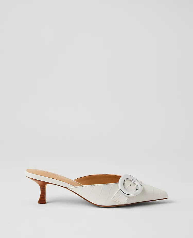 White Embossed Leather Pointed Toe Kitten Heels with Chic Buckle 1 White Embossed Leather Pointed Toe Kitten Heels with Chic Buckle