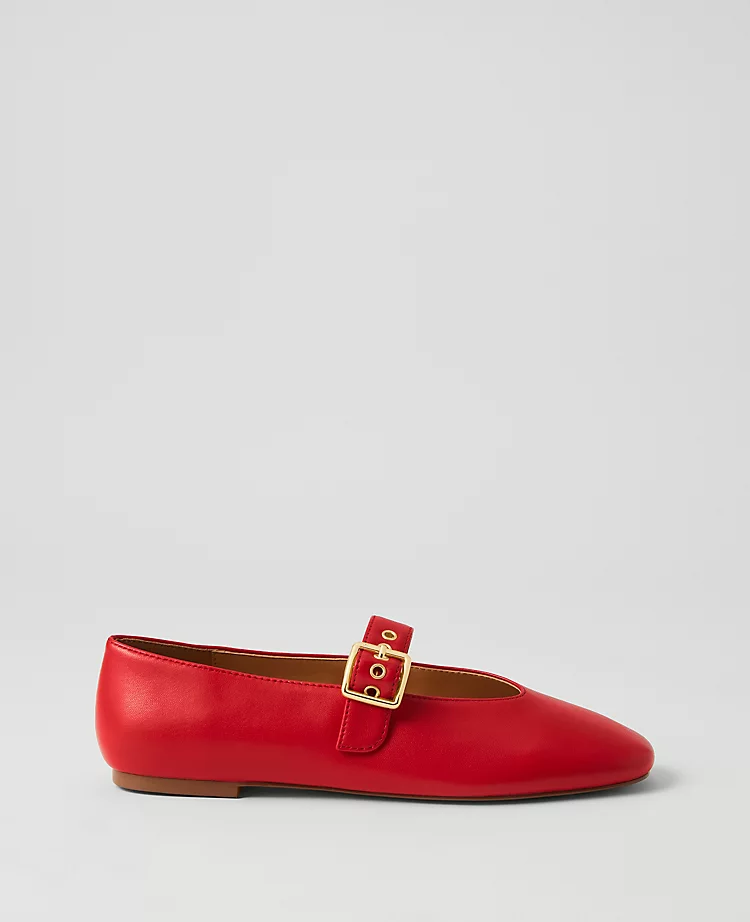 Women's Bright Cherry Red Buckled Leather Ballet Flats 1 Women's Bright Cherry Red Buckled Leather Ballet Flats