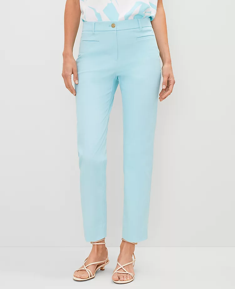 Petite Curvy Fit Cotton Crop Pants - Gulf Stream Blue Slim Ankle Trousers 1 Petite Curvy Fit Cotton Crop Pants - Gulf Stream Blue Slim Ankle Trousers