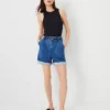 Ann Taylor Petite Belted Denim Shorts in Bright Medium Stone Wash