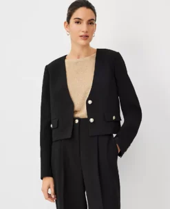 Women's Cropped V-Neck Blazer - Fluid Crepe Tailored Suit Jacket