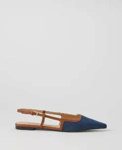 Dark Denim Blue Pointed Toe Slingback Flats with Padded Footbed