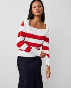 Petite Striped Square Envelope Neck Sweater in White and Red Combo