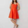 Petite Square Neck Seamed Flare Dress in Deep Flame Orange