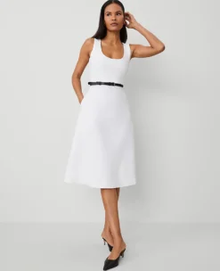 Petite White Ponte Sleeveless Midi Dress with Belted Waist