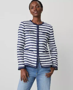 Striped Bouclé Tweed Fitted Jacket in Blue and White Combo