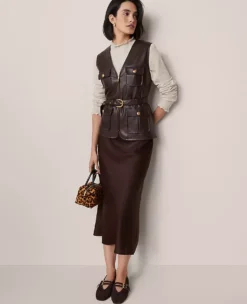 Women's Belted Faux Leather Vest - Pure Chocolate Brown Sleeveless Jacket -Ann Taylor Store 845893 7043 ALT2