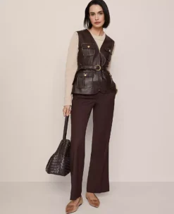 Women's Belted Faux Leather Vest - Pure Chocolate Brown Sleeveless Jacket -Ann Taylor Store 845893 7043 ALT3