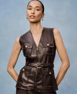 Women's Belted Faux Leather Vest - Pure Chocolate Brown Sleeveless Jacket