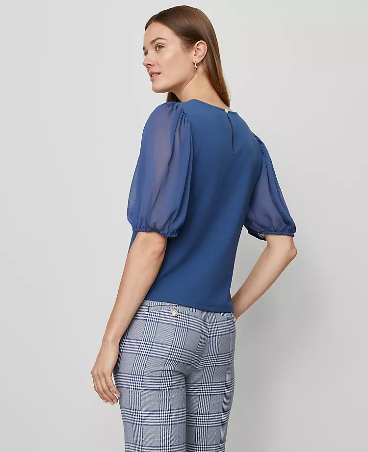 Mixed Media Pleated Sleeve Top Faded Denim 2 Mixed Media Pleated Sleeve Top Faded Denim - Image 2