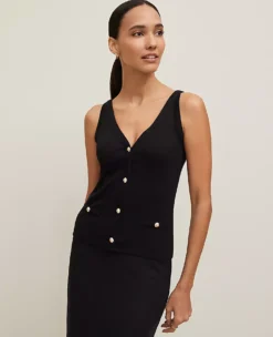 Women's Petite Button Front V-Neck Racerback Tank Top in Black