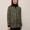 Premium Houndstooth Tweed Long Crew Neck Jacket - Green and Navy