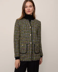 Premium Houndstooth Tweed Long Crew Neck Jacket - Green and Navy