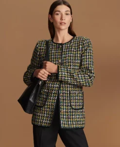 Premium Houndstooth Tweed Long Crew Neck Jacket - Green and Navy 5 Premium Houndstooth Tweed Long Crew Neck Jacket - Green and Navy -Ann Taylor Store 846014 018998 MKTG2