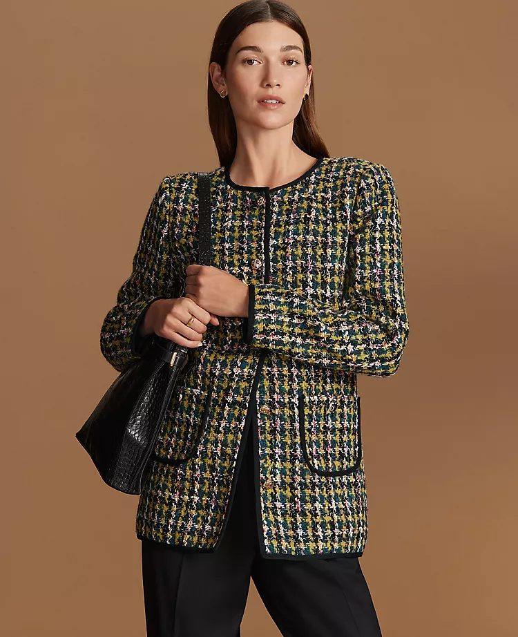 Premium Houndstooth Tweed Long Crew Neck Jacket - Green and Navy 3 Premium Houndstooth Tweed Long Crew Neck Jacket - Green and Navy - Image 3