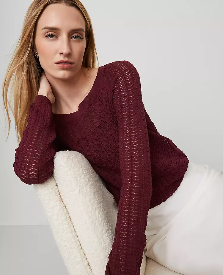 Elegant Pointelle Boatneck Sweater in Windsor Wine - 100% Cotton 1 Elegant Pointelle Boatneck Sweater in Windsor Wine - 100% Cotton