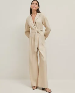 Petite Linen Blend Wide Leg Jumpsuit with Tied Waist - Toasted Oat