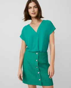 Petite Mixed Media Pleat Front V-Neck Top - Shady Glade