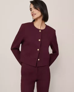 Elegant Plum Cropped Crew Neck Ponte Jacket for Women -Ann Taylor Store 846105 9536 ALT4