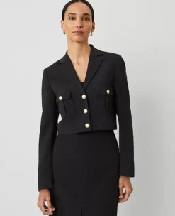Cropped Petite Military Blazer in Fluid Black Crepe