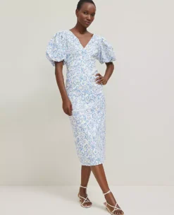 Floral Linen Blend Puff Sleeve Sheath Dress White