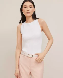 Petite White Halter Sweater Shell - Sleeveless Ottoman Texture Top