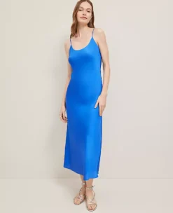 Petite Satin Slip Dress in Power Blue - Elegant Mid-Calf Occasion Wear