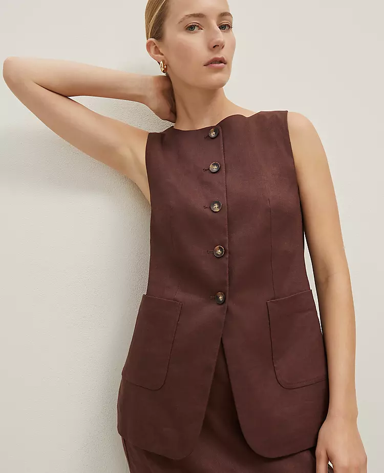 Tailored Petite Longline Linen Blend Vest in Rich Walnut 1 Tailored Petite Longline Linen Blend Vest in Rich Walnut
