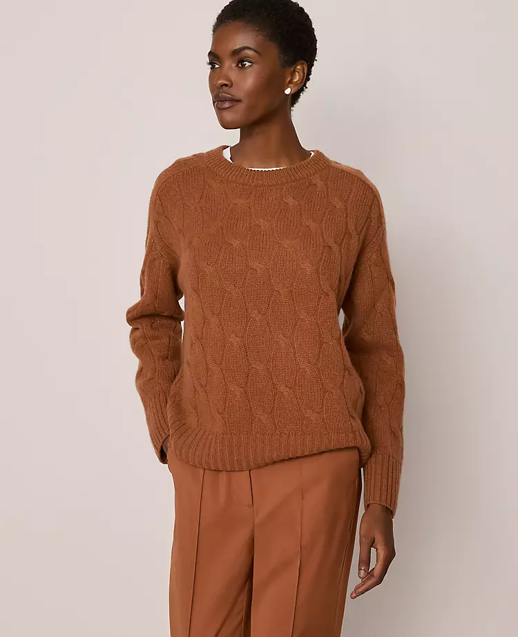 Women's 100% Cashmere Cable Knit Crew Neck Sweater - Spiced Cider 1 Women's 100% Cashmere Cable Knit Crew Neck Sweater - Spiced Cider