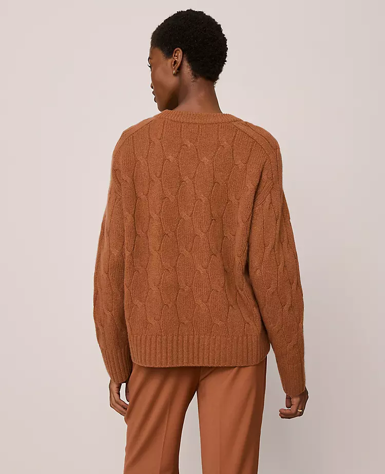 Women's 100% Cashmere Cable Knit Crew Neck Sweater - Spiced Cider 2 Women's 100% Cashmere Cable Knit Crew Neck Sweater - Spiced Cider - Image 2