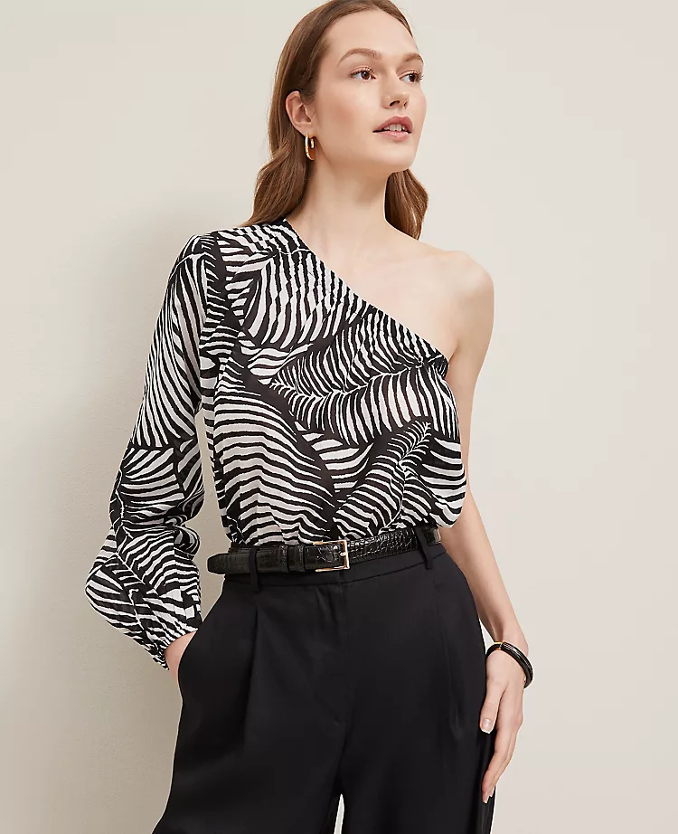 Petite One-Shoulder Palm Print Blouse - Black Cotton Voile Top 2 Petite One-Shoulder Palm Print Blouse - Black Cotton Voile Top - Image 2