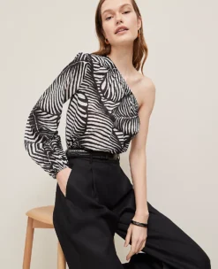 Petite One-Shoulder Palm Print Blouse - Black Cotton Voile Top 8 Petite One-Shoulder Palm Print Blouse - Black Cotton Voile Top -Ann Taylor Store 846231 519962 ALT2