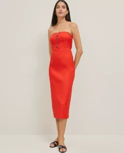 Elegant Petite Button-Front Strapless Dress - Linen Blend in Fiery Red 8 Elegant Petite Button-Front Strapless Dress - Linen Blend in Fiery Red -Ann Taylor Store 846241 5139 ALT2