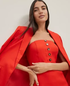 Elegant Petite Button-Front Strapless Dress - Linen Blend in Fiery Red 9 Elegant Petite Button-Front Strapless Dress - Linen Blend in Fiery Red -Ann Taylor Store 846241 5139 ALT3