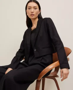 Petite Cropped Linen Blend Blazer in Black - Tailored Waist-Length Jacket