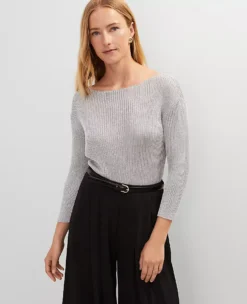 Silver Petite Metallic Lurex Ribbed Sweater | Shimmer Crew Neck Top